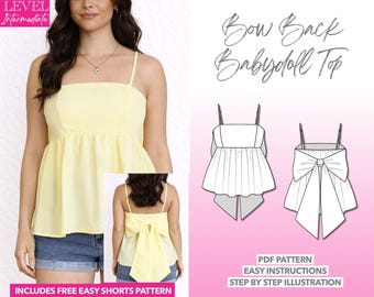 Bow Back Top Sewing Pattern Babydoll Top Cami Top PDF Pattern Camisole Pattern Bow Tie Tunic Top Peplum Top Ruffle Top Sleeveless Top Women