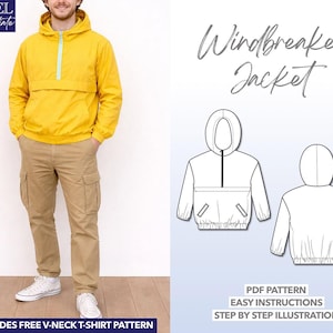 メンズウィンドブレーカージャケットの縫製パターン：PDFダウンロード（S-XXL）+ボーナスTシャツパターン