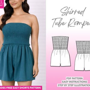 Shirred Romper Sewing Pattern Tube Romper PDF Pattern Women Smock Romper Elastic Romper Tube Top Pattern Summer Romper Off-The-Shoulder Top