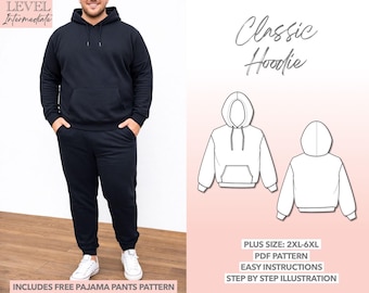 Plus Size Mens Hoodie Sewing Pattern: PDF Download (2XL-6XL) - Bonus Pajama Pants Pattern