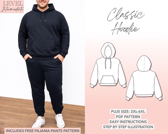 Plus Size Mens Hoodie Sewing Pattern: PDF Download (2XL-6XL) - Bonus Pajama Pants Pattern