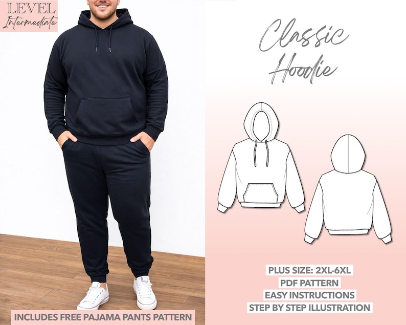 Plus Size Mens Classic Hoodie pdf sewing pattern with easy instructions and step by step illustrations.