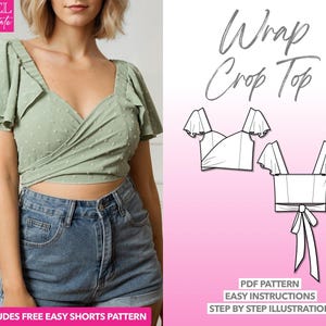 Crop Top Sewing Pattern Wrap Top PDF Pattern Women Top Sewing Pattern Short Sleeve Blouse Pattern Summer Top Sewing Pattern Top PDF Pattern