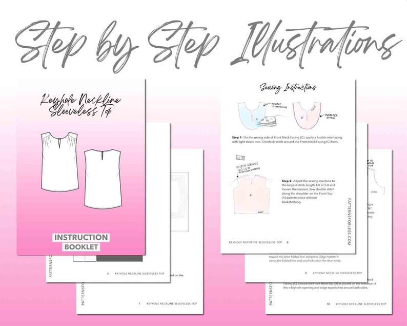 Keyhole Neckline Sleeveless Top sewing pattern instruction booklet showing step by step illustrations to make the garment.