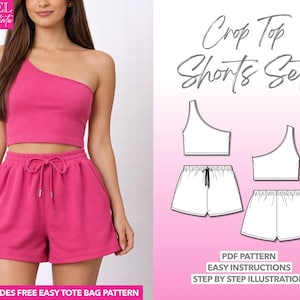 Patrón de costura para top corto Patrón de costura para shorts Top sin mangas de un solo hombro Shorts de gimnasio para mujer Patrón de punto en PDF Sujetador deportivo Conjunto de entrenamiento Ropa deportiva