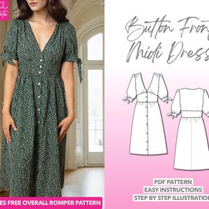Dress Sewing Pattern Tie Sleeve Button Front Midi Dress Pattern Women Dress Sewing Pattern Midi Dress PDF Pattern Button Front Dress Pattern