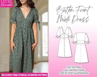 Dress Sewing Pattern Tie Sleeve Button Front Midi Dress Pattern Women Dress Sewing Pattern Midi Dress PDF Pattern Button Front Dress Pattern