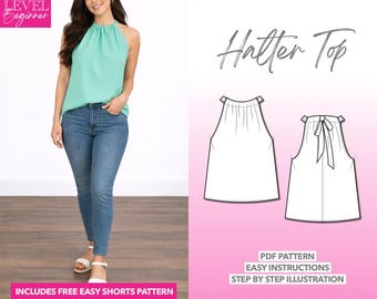 Halter Top Sewing Pattern: Tie-Back Blouse, Sizes XS-XXXL (PDF Pattern)