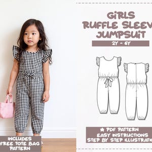 Patrón de costura de mono con mangas con volantes para niñas de 2 a 6 años (patrón PDF)