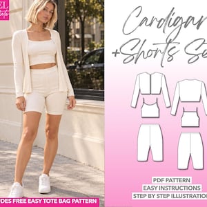 Op de afbeelding: Een crèmekleurige set bestaande uit een vest met lange mouwen, een crop top en een fietsbroek. De afbeelding bevat technische lijntekeningen van de kledingstukken en de tekst Cardigan + Shorts Set, Level Intermediate.