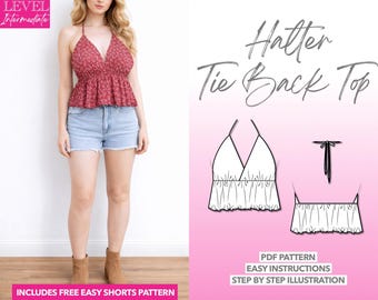 Halter Tie Back Top Sewing Pattern: Easy Crop Top PDF (XS-XXXL)