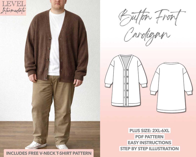 Plus Size Button Front Cardigan pdf sewing pattern with easy instructions and step by step illustrations.