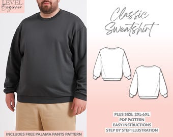 Plus Size Herren Sweatshirt Schnittmuster: Klassischer Pullover (PDF-Muster 2XL-6XL)