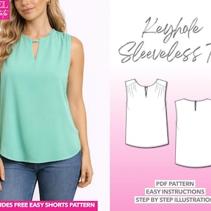Keyhole Neckline Sleeveless Top pdf sewing pattern with easy instructions and step by step illustrations.
