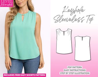 Keyhole Neckline Top Pattern Sleeveless Top Pattern Women Top Sewing Pattern Blouse PDF Pattern Office Wear PDF Easy Blouse Pattern Workwear