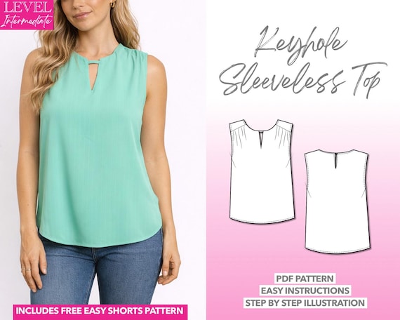 Keyhole Neckline Top Pattern Sleeveless Top Pattern Women Top Sewing Pattern Blouse PDF Pattern Office Wear PDF Easy Blouse Pattern Workwear