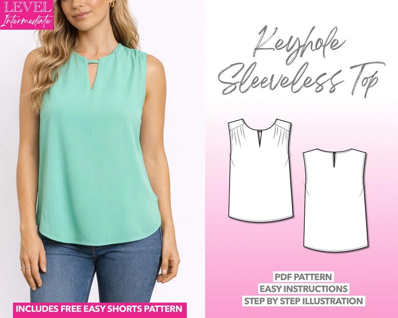 Keyhole Neckline Sleeveless Top pdf sewing pattern with easy instructions and step by step illustrations.