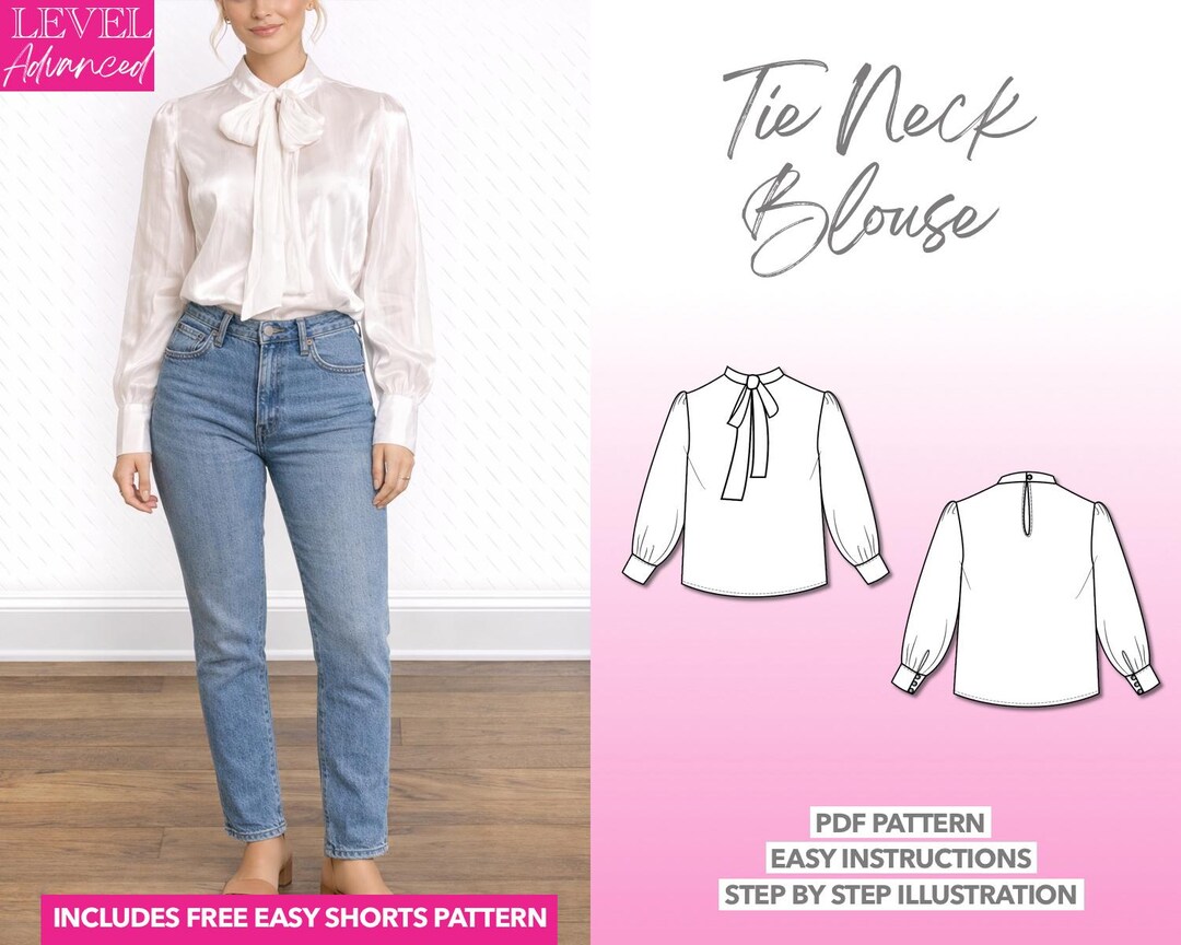 Tie Neck Puff Sleeve Blouse Sewing Pattern (PDF) - Etsy