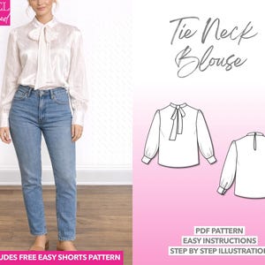 Patrón de costura para blusa con mangas abullonadas y cuello anudado (PDF)