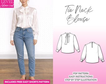 Tie Neck Puff Sleeve Blouse Sewing Pattern (PDF)