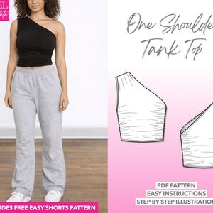 Wykrój na top z marszczeniami na jedno ramię (do pobrania w formacie PDF XS-XXXL) Wykrój na dodatkowe szorty