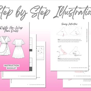 Ruffle Hem Wrap Mini Dress sewing pattern instruction booklet showing step by step illustrations to make the garment.
