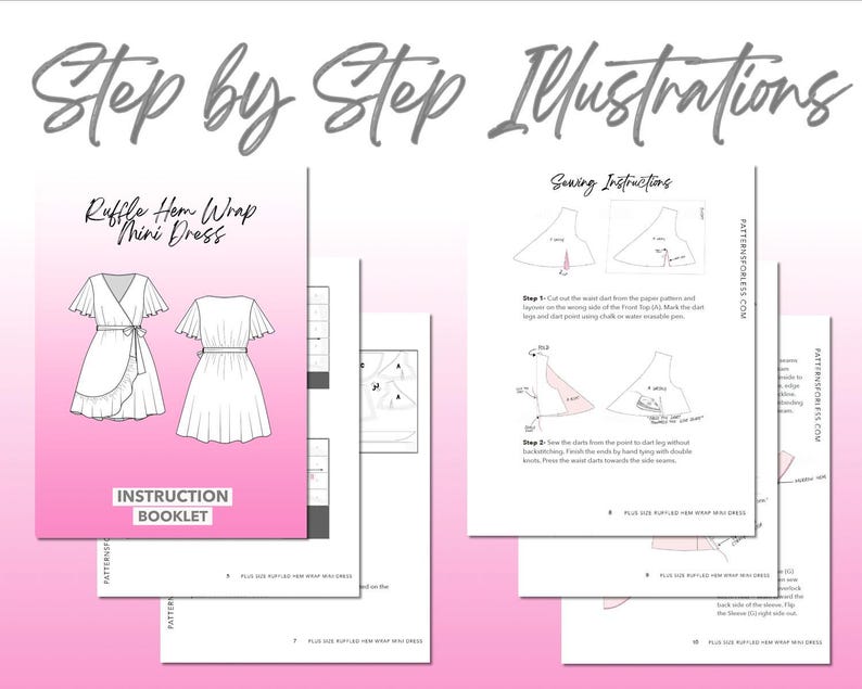 Ruffle Hem Wrap Mini Dress sewing pattern instruction booklet showing step by step illustrations to make the garment.