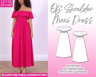 Off Shoulder Maxi Dress Sewing Pattern: Women's PDF (XS-XXXL) + Bonus Romper