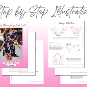 Kimono Sleeve Wrap Mini Dress sewing pattern step by step illustrations.