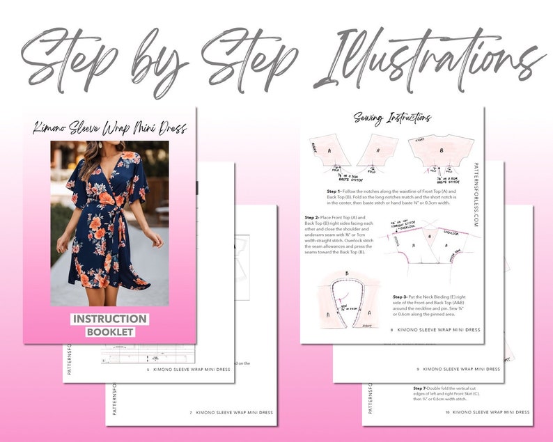 Kimono Sleeve Wrap Mini Dress sewing pattern step by step illustrations.