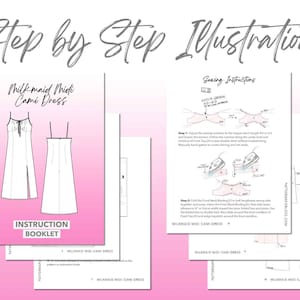 Milkmaid Midi Cami Dress sewing pattern instruction booklet showing step by step illustrations to make the garment.