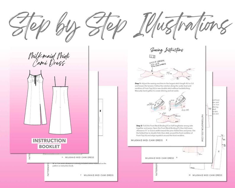 Milkmaid Midi Cami Dress sewing pattern instruction booklet showing step by step illustrations to make the garment.