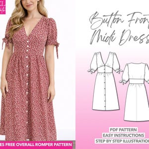 Midi-Kleid-Schnittmuster, Kleid mit Bindeärmeln und Knopfleiste vorne, Damen-Schnittmuster, Midi-Kleid-PDF-Schnittmuster, Freizeitkleid, Sommerkleid