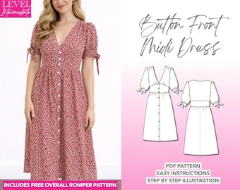Midi Dress Sewing Pattern Tie Sleeve Dress Button Front Dress Pattern Women Sewing Pattern Midi Dress PDF Pattern Casual Day Dress Sundress