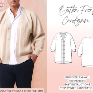 Outerwear Sewing Pattern 2XL-6XL Button Front Cardigan PDF Pattern Mens Sewing Pattern Jacket PDF Pattern Sweater Sewing Pattern Cardigan