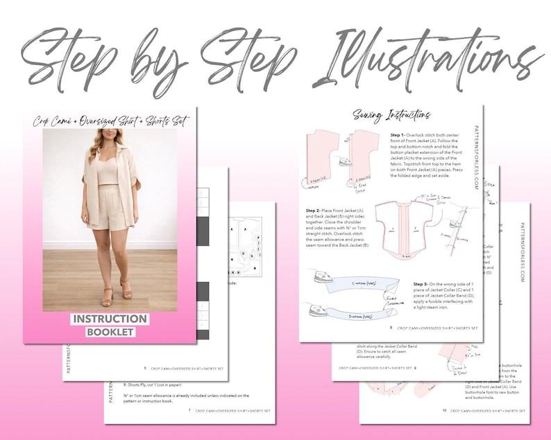 Crop Cami, Oversized Shirt, and Shorts Set sewing pattern instruction booklet showing step by step illustrations to make the garment.