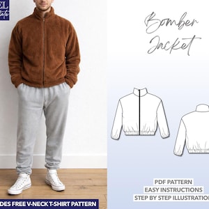 Patrón de costura para chaqueta bomber de hombre: prenda exterior fácil (patrón PDF, tallas S-XXL)