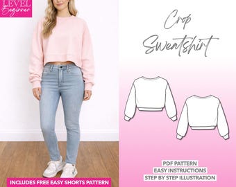 Crop Sweatshirt Sewing Pattern: Women's Pullover PDF (XS-XXXL) + Bonus Shorts Pattern