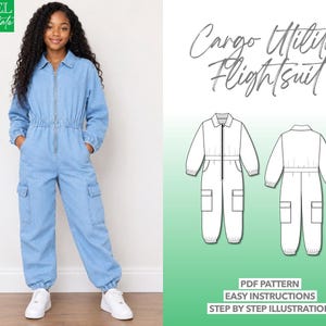 May include: A light blue denim cargo utility flightsuit with a front zipper, collar, elasticized waist, and cuffed ankles. The image includes text reading Level Intermediate, Cargo Utility Flightsuit, PDF Pattern, Easy Instructions, Step by Step Illustration.