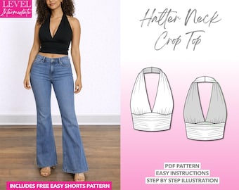 Halter Neck Backless Knit Crop Top Sewing Pattern (PDF Download XS-XXXL)