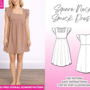 Smock Dress Sewing Pattern: Square Neck Butterfly Sleeve (PDF Download XS-XXXL)
