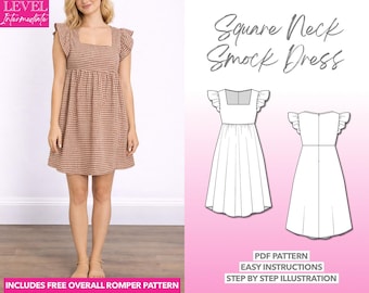 Smock Dress Sewing Pattern: Square Neck Butterfly Sleeve (PDF Download XS-XXXL)