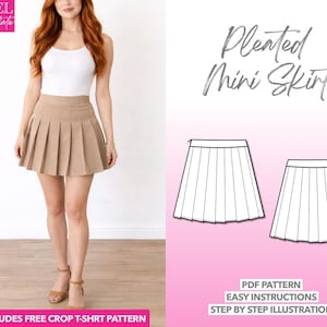 ハイウエストプリーツミニスカートの縫製パターン（PDFダウンロード XS-XXXL）クロップトップ付き