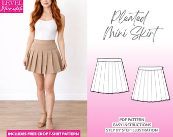 High Waist Pleated Mini Skirt Sewing Pattern (PDF Download XS-XXXL) Bonus Crop Top