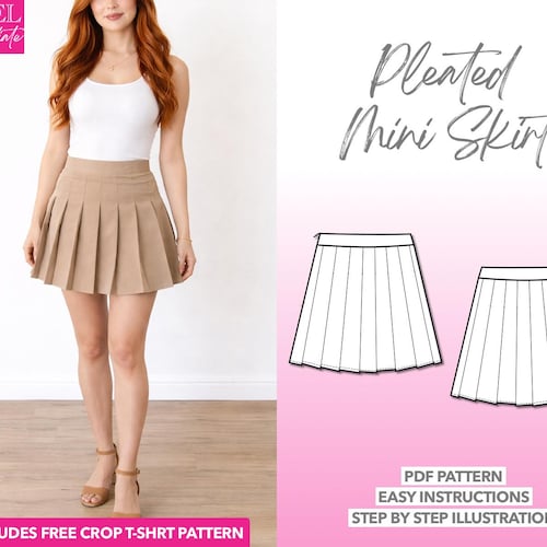 High Waist Pleated Mini Skirt Sewing Pattern (PDF Download XS-XXXL