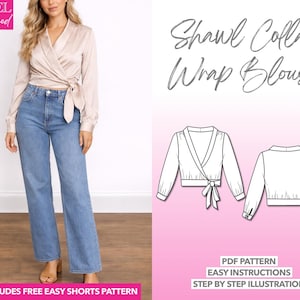 ショールカラーラップブラウスの縫製パターン：XS-XXXL（PDFパターン）