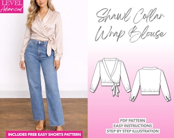 Shawl Collar Wrap Blouse Sewing Pattern: XS-XXXL (PDF Pattern)
