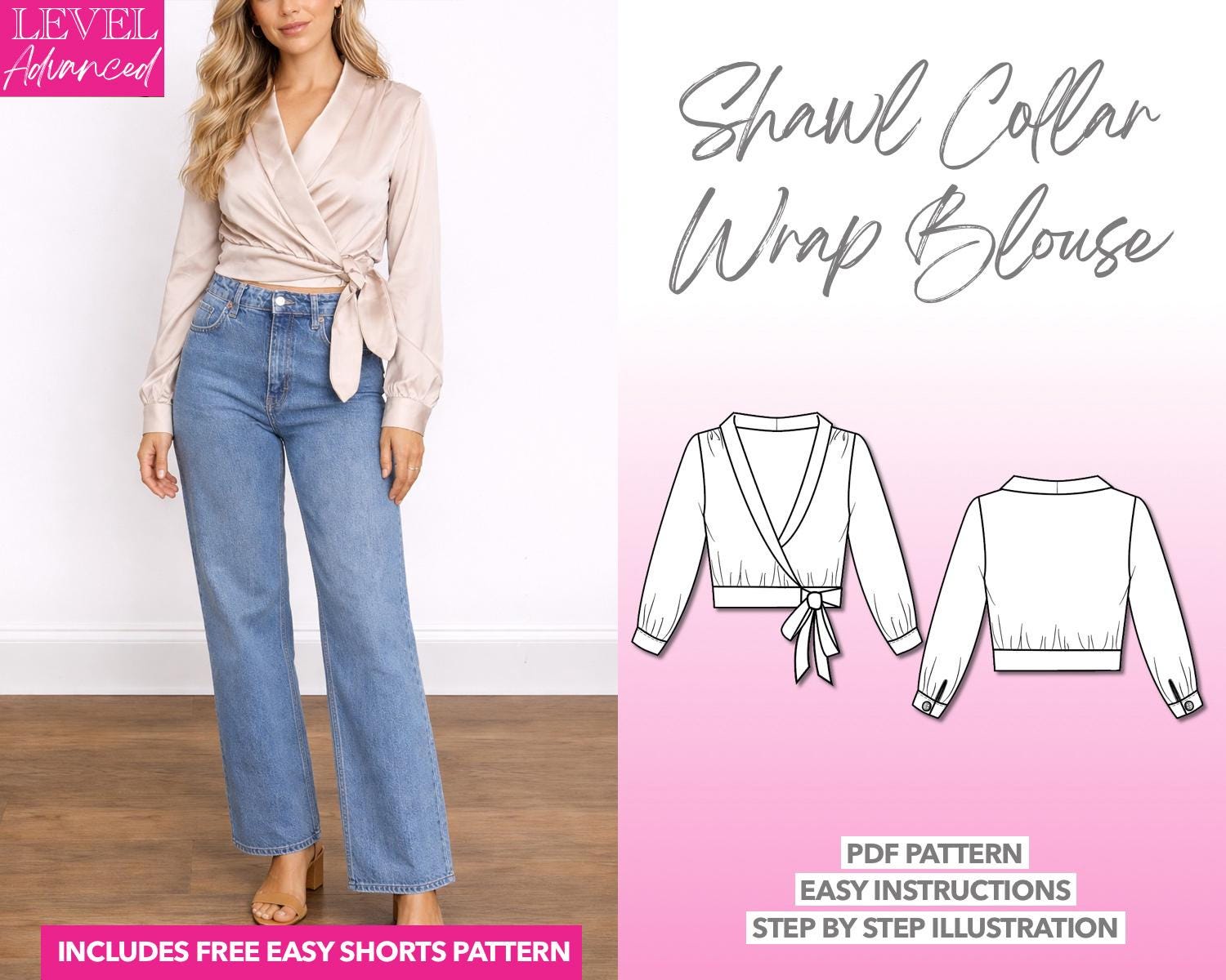 Blouse Sewing Pattern, Elegant Women Top Pattern, Shawl Collar Blouse, Wrap Top PDF Pattern, Wrap Blouse Pattern, Workwear Pattern Office