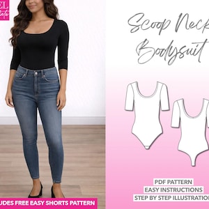 U-Ausschnitt Bodysuit Schnittmuster: Frauen 3/4 Ärmel Top (PDF-Schnittmuster, XS-XXXL)