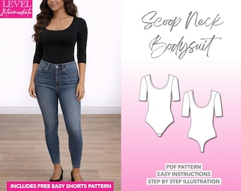 U-Ausschnitt Bodysuit Schnittmuster: Frauen 3/4 Ärmel Top (PDF-Schnittmuster, XS-XXXL)